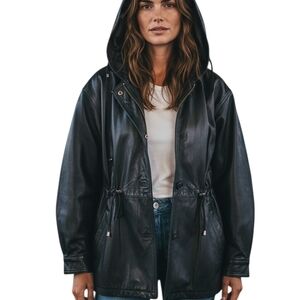 Bally 100% Italian Black Leather Hooded Jacket